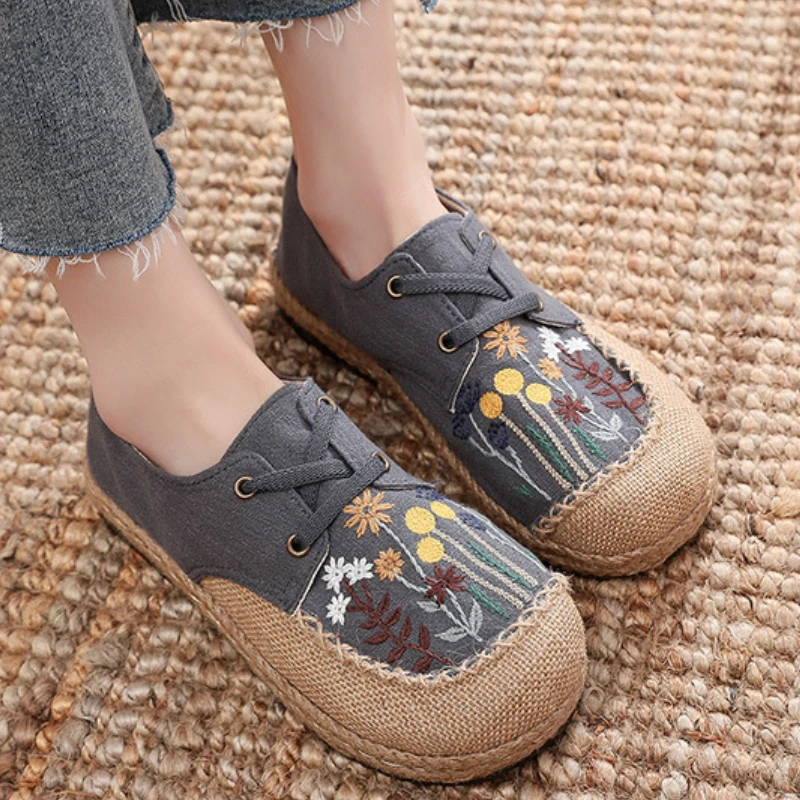 Handmade Embroidered Flowers Flats Spring Autumn Ethnic Style Women\'s Soft Soles Lace-up Lightweight Shoes Zapatos Planos Mujer