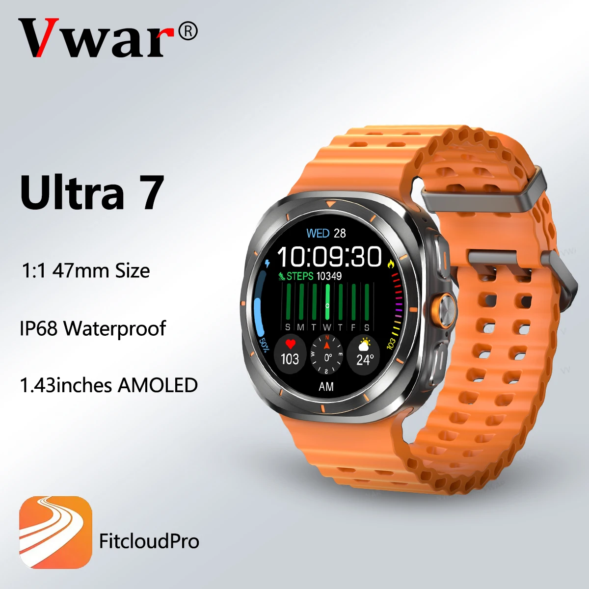 Vwar Watch 7 Ultra 47mm Smart Watch IP68 Waterproof Bluetooth Call Compass Smartwatch for Men Women 1.43" AMOLED Screen