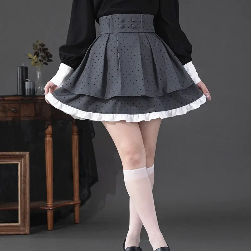 Japanese New Mass-produced Sweet Summer High Waist Skirts Women Polka Dot Lace Double-layer Fluffy Girls' Pleated Skirt