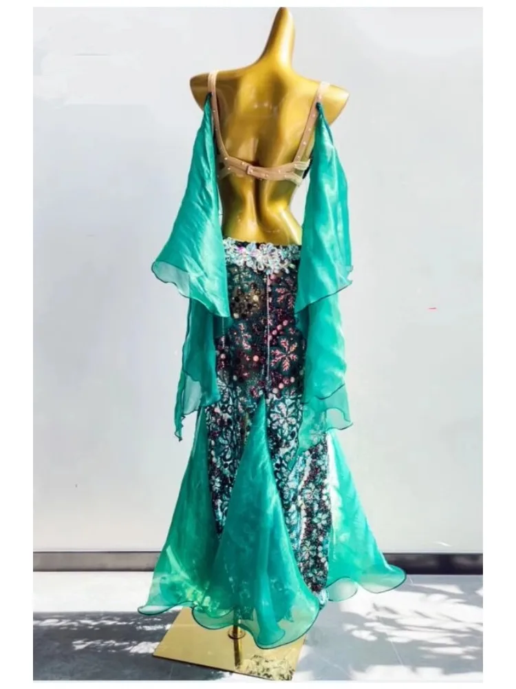 Female 2024 Sexy Oriental Belly Dance Bra, Shave Sleeve Split Wrap Hip Long Dress, Modern Dance Performance Dress