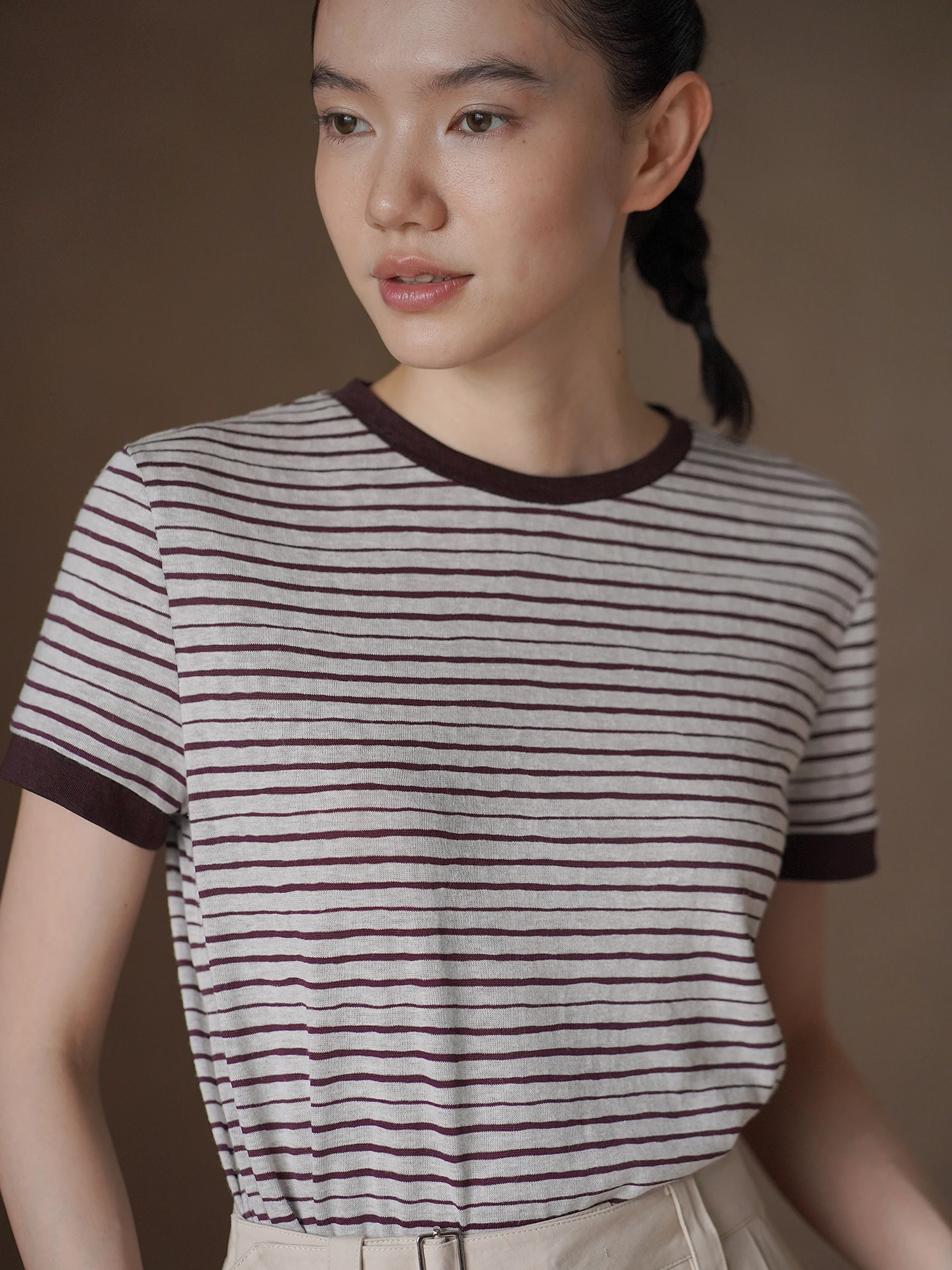 Hacikis Miss Snowflake Linen Silk Cotton Blend Color Block Vintage Stripes Short Sleeve Loose Slimming Top T-Shirt Women's Fa...
