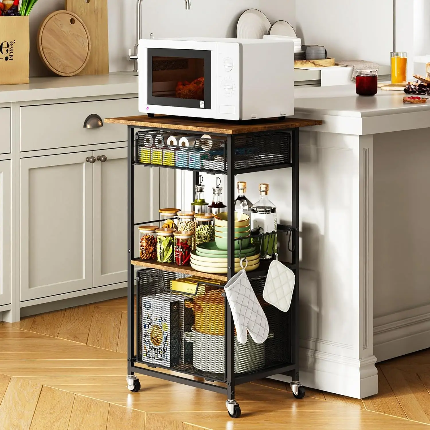 

Multifunctional Kitchen Shelf with Drawer Microwave Rack Iron Wood Kitchen Cart Shelf with Hook Foreign Trade