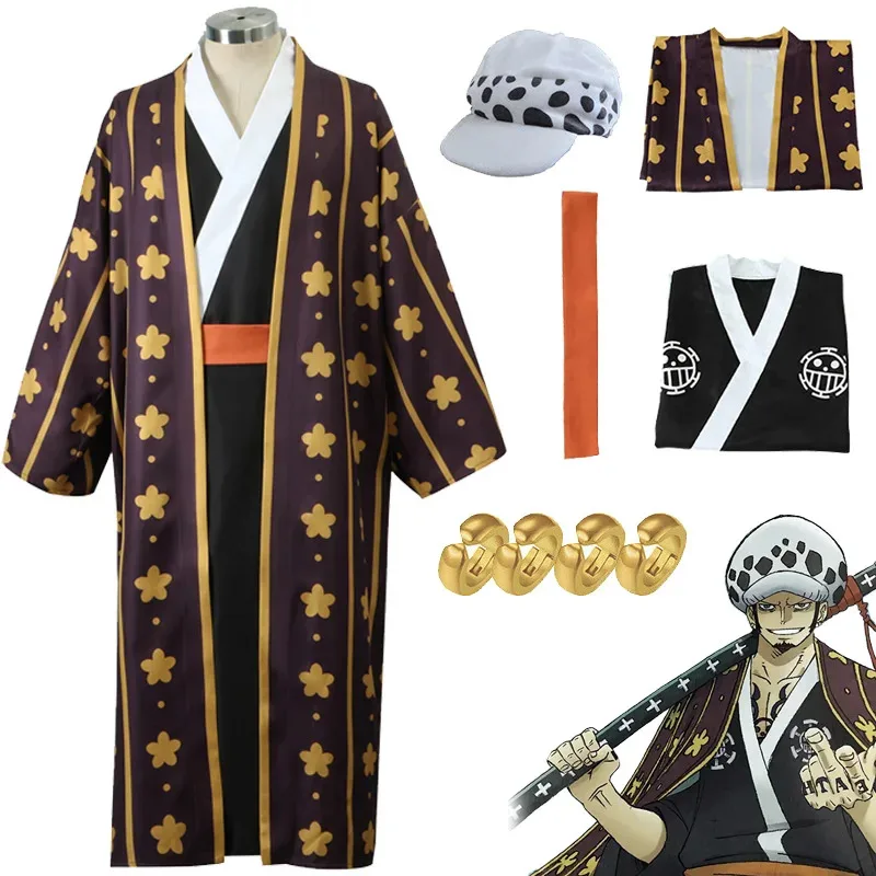 Disfraz de Anime Trafalgar D Water Law, disfraz de Wano Country, bata tipo kimono, pendientes, conjunto completo, disfraces de fiesta de Halloween para hombres