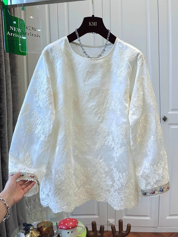 Extra Large Size 300 Pou New Chinese Sle Heavy Embroidery Sequin Patchwork Long Sve Lace irt Women's Top Spring