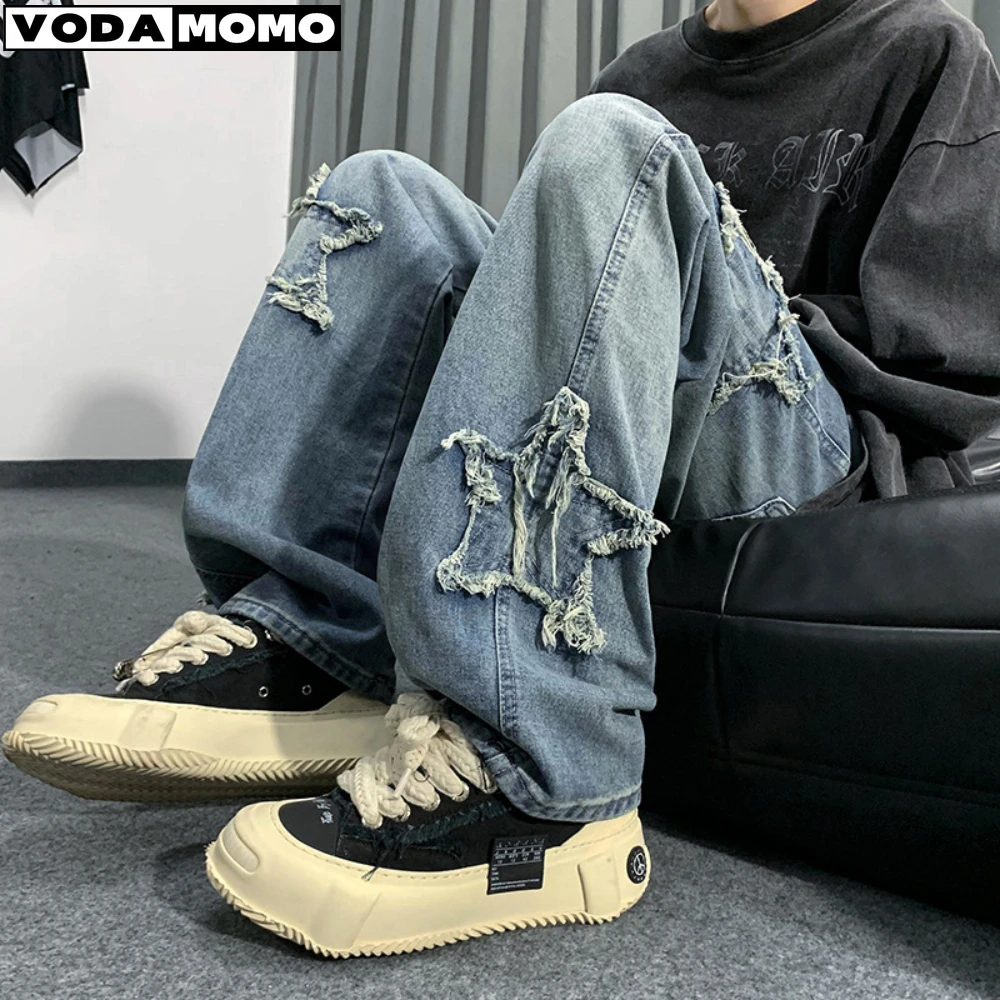 

Fashion Brand Five-pointed Star Embroidery Jeans Men Loose Casual Straight Hip-hop Wide Leg Denim Trousers Men Baggy Jeans Pants