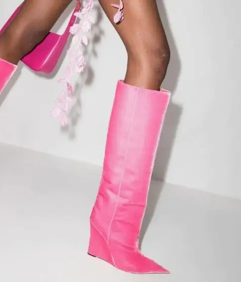 

Fashion Women Pink Dark Blue Suede Patchwork Pointed Toe Tube Slip On Wedges Knee High Boots Female Run Way Long Botas Shoes