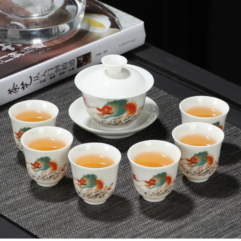 mutton fat jade porcelain tea set hoverable covered bowl tea set suit