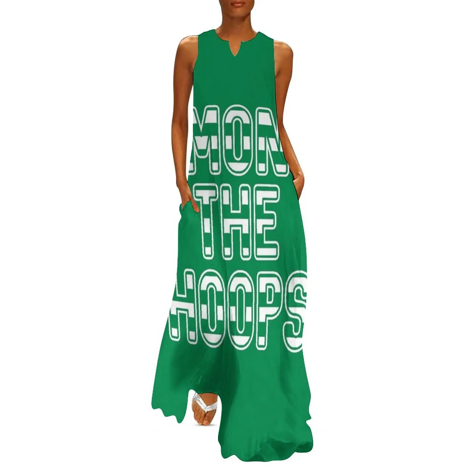 Mon The Hoops, Glasgow Celtic Football Club Green and White Striped Text Design Long Dress party dresses women