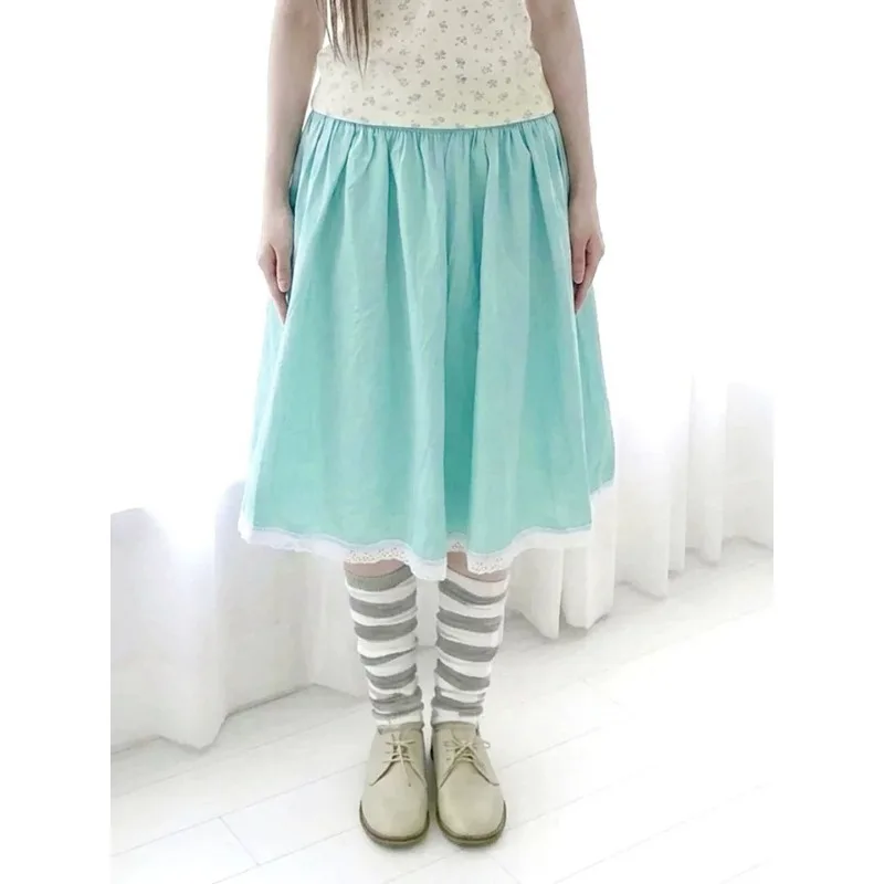 Japanese High Waist Pleated Loose A-line Skirt Women 2026 Summer New Streetwear Contrast Color Patchwork Knee Length Skirt