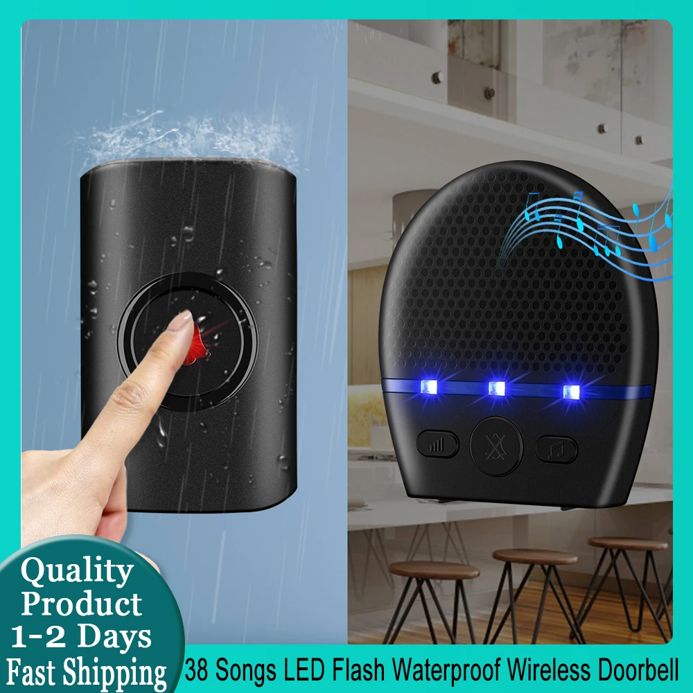 Wireless Doorbell Outdoor Waterproof  Smart Home Door Bell 38 Songs  Receiver 4 Level Volume Adjustment LED Flash Security Alarm