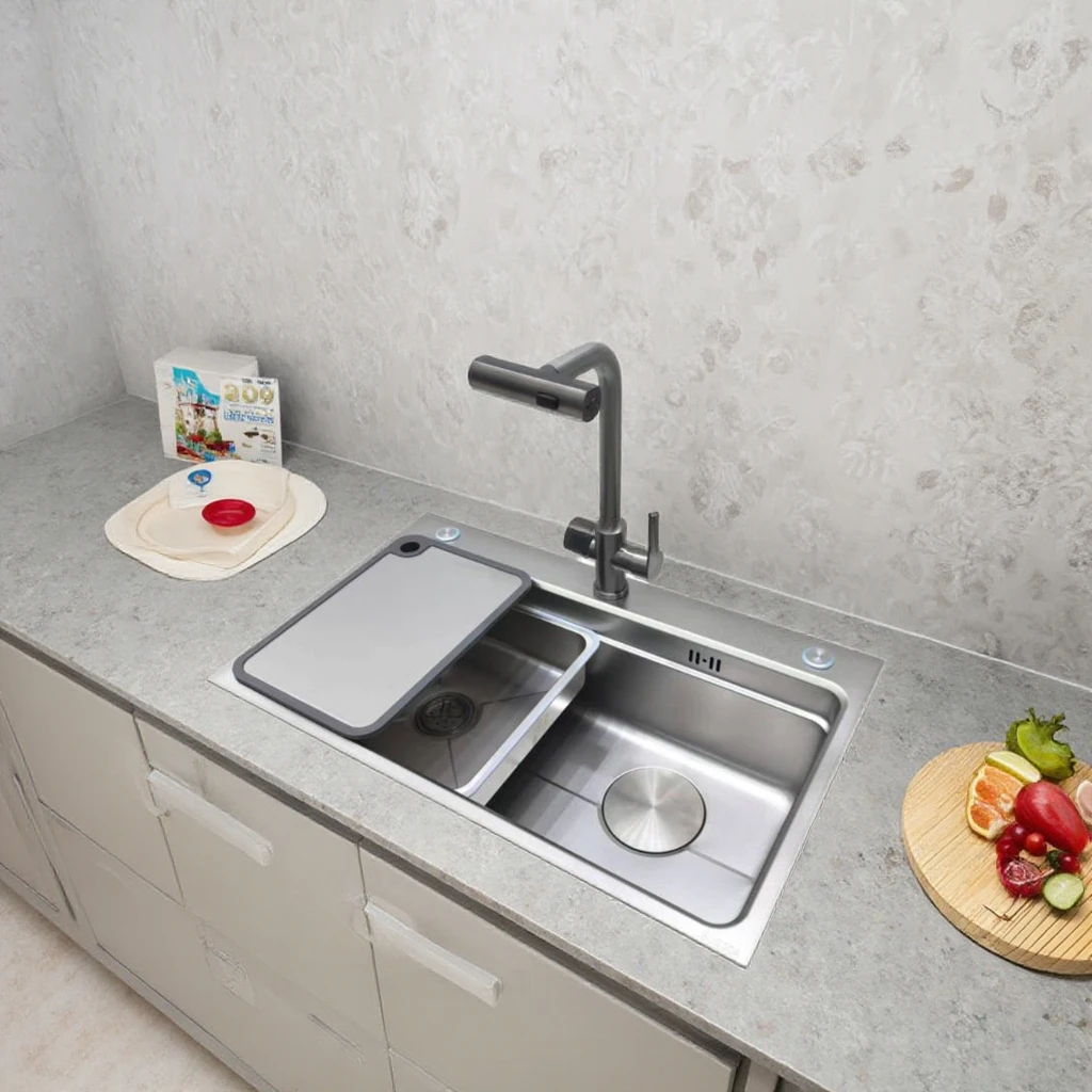 Smart 304 Stainless Steel Nano Black LED Waterfall With Multifunction & Cup Washer Kitchen Sink