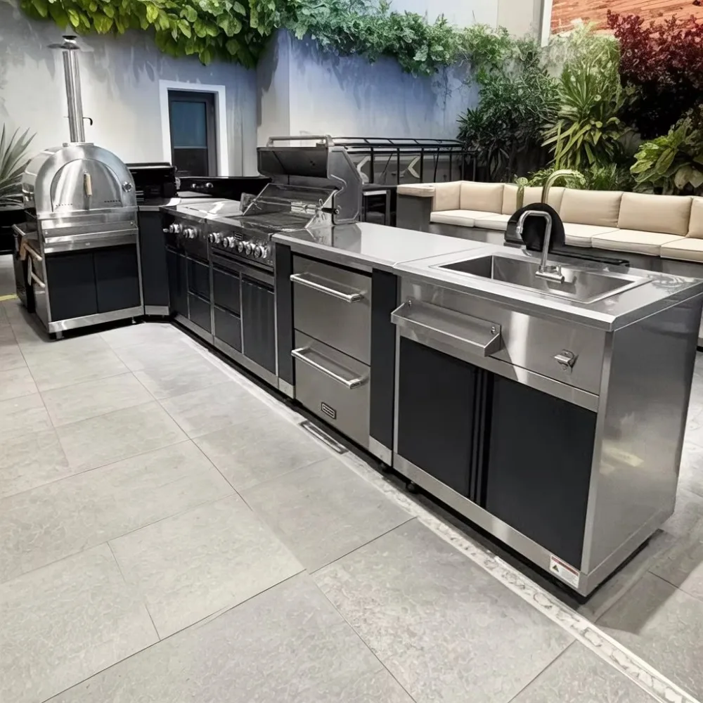 European Style 304 Stainless Steel Outdoor Kitchen Cabinet Modular Outdoor Kitchen Island with Sink Rust-Proof for Patio