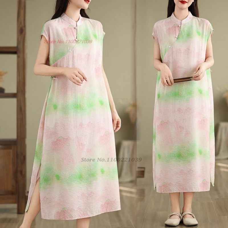 

2024 chinese vintage dress improved cheongsam national flower print traditional folk dress oriental elegant a-line qipao dress