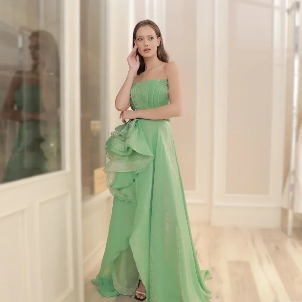 

Customized Exquisite Chiffon Sequined Ruffle Pleat Ruched Asymmetrical Strapless Long Dresses Hi-Lo Dresses Prom Dresses