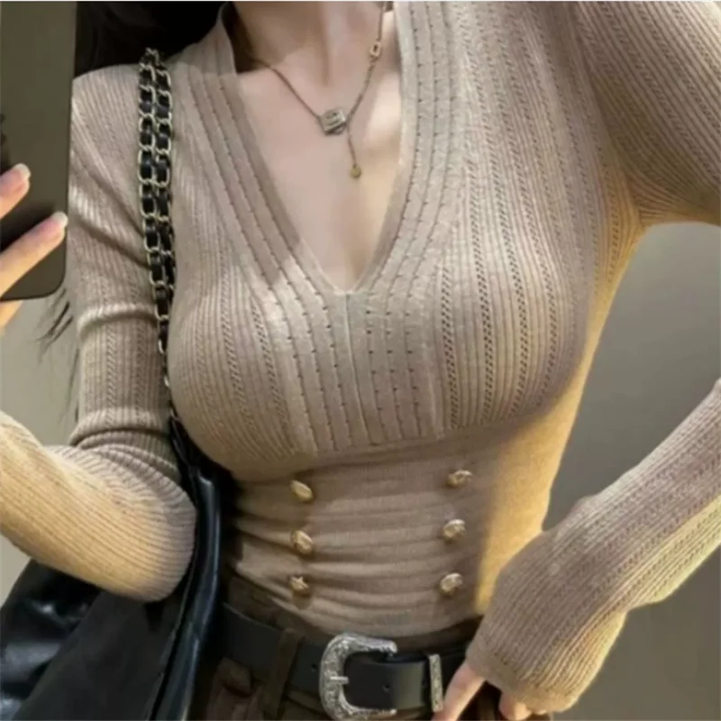 

Sexy Women Deep V Neck Knit Bottoming Shirt 2025 New Spring Black Khaki Long Sleeve Slim T Shirt Pullover Short Basic Inner Top