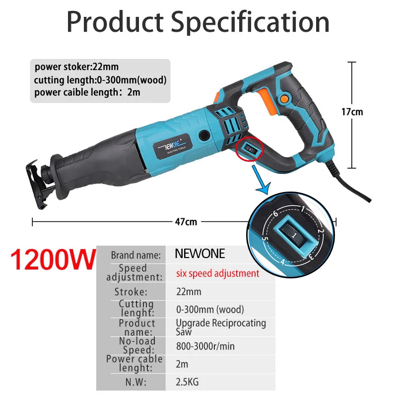 1200W Electric Reciprocating Saw Cut Wood Metal With 7pcs Saw blades Power Tool With Plastic Case NEWONE