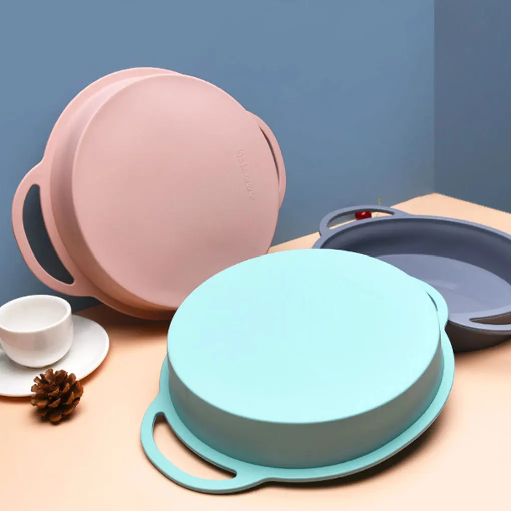 Loyang Cetakan Kue Silikon Anti Lengket dengan Pegangan Peralatan Memanggang Bulat Merah Muda