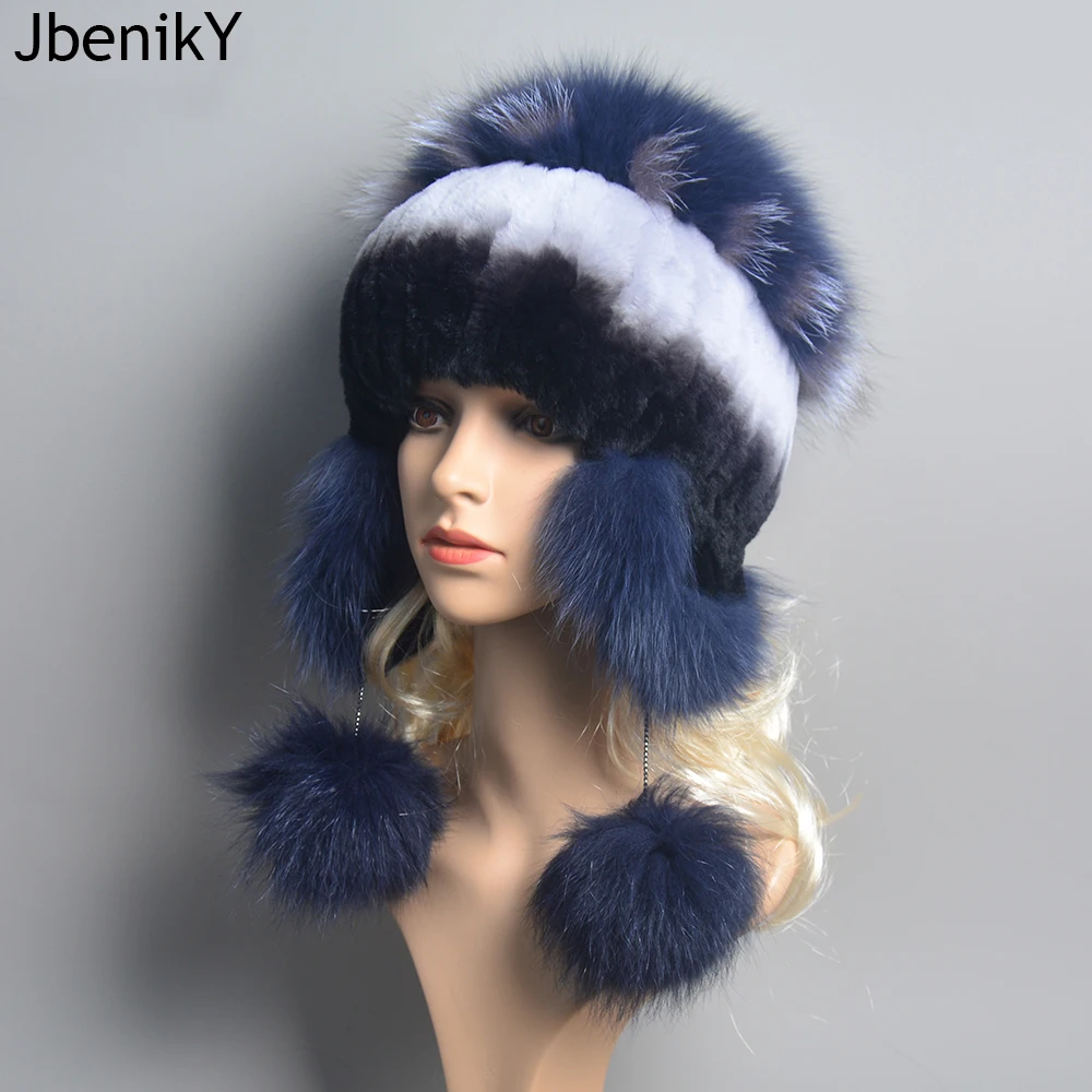 

Elastic Knitted Rex Rabbit Fur Beanies Handmade Real Fur Hat with Fox Fur Ears Genuine Fur Snow Cap Bonnets for Women Designer