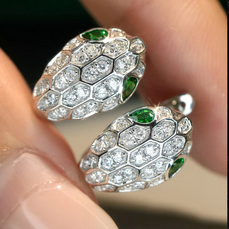 Aazuo Real 18K White Gold Natural Tsavorite Real Diamonds Snake Shape Hook Earrings gifted for Women Engagement Wedding Party