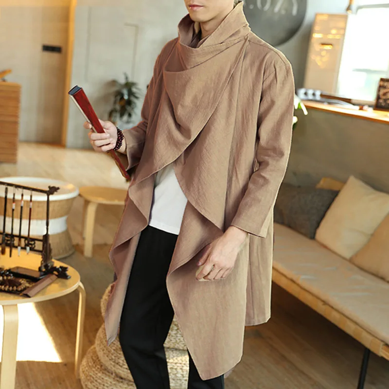 Men\'s Cotton and Linen Trench Cape Long Irregular Cape Autumn and Winter New Long Sleeved Coat Men