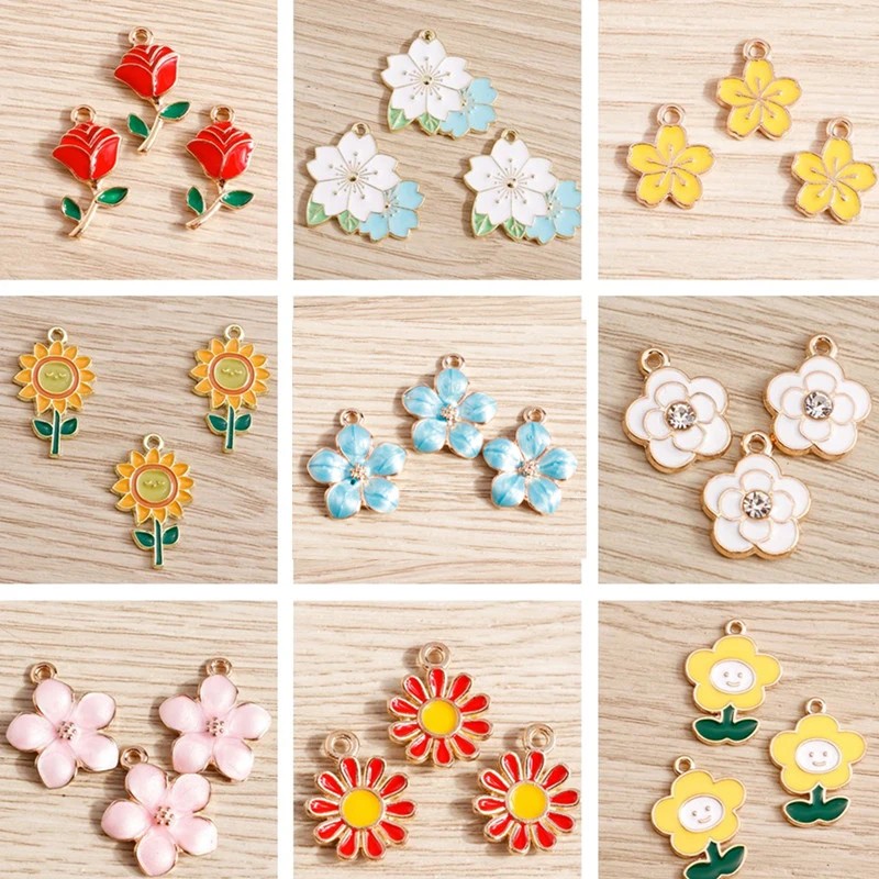 10pcs/lot Enamel Flower Charms for Jewelry Making Sunflower Rose Flower Charms Pendants for DIY Necklaces Earrings Crafts Supply