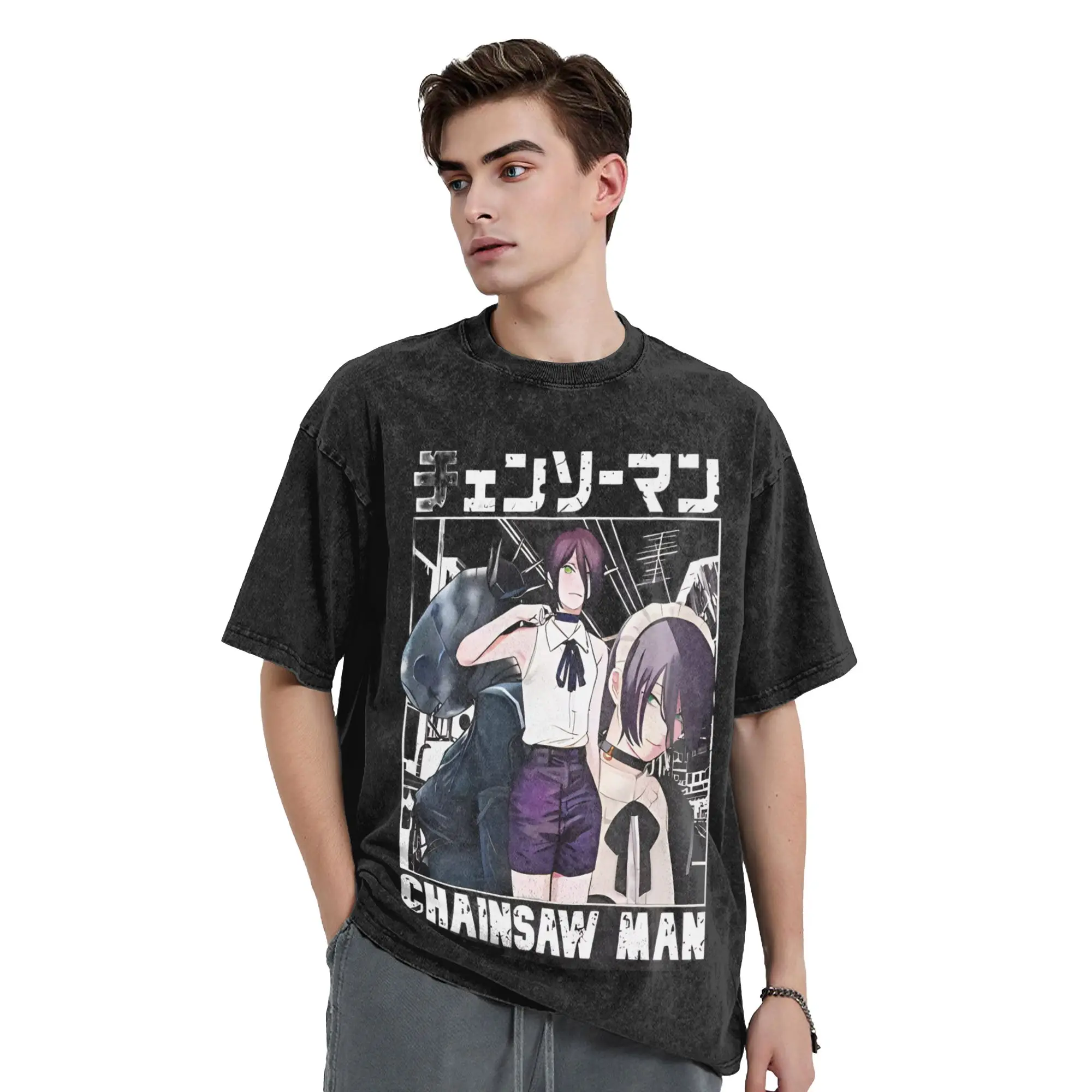 Chainsaws Man Vintage Washed T Shirt Men's 100%Cotton Tops Harajuku  Round Neck Short Sleeve