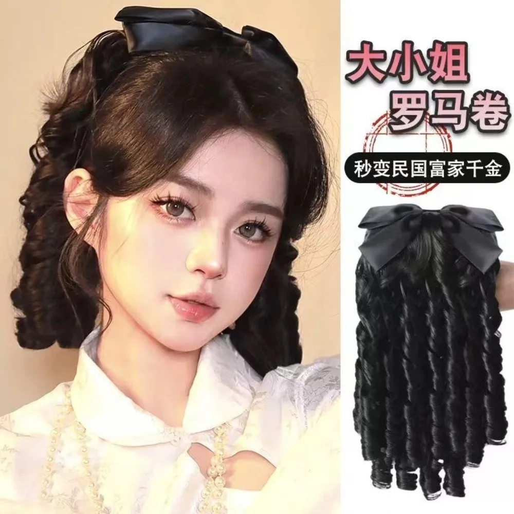 Perruque Hanfu Vintage Republic-Era-Tresse royale bouclée avec nœud et rouleau romain, postiche de princesse rétro historique, ensemble de cheveux chinois