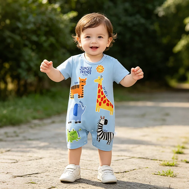 Newborn Baby Short Sleeve Romper Jungle Friends Tiger Giraffe Print Infant Jumpsuit 3 Colors