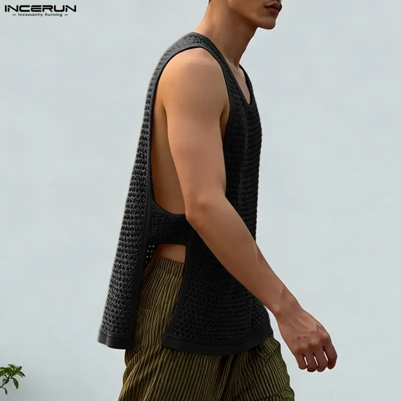 INCERUN Men's Tank Tops Summer Hollow Out See Through Split Men Clothes Streetwear Sexy 2026 Vacation Casual Male Vests Tops Man