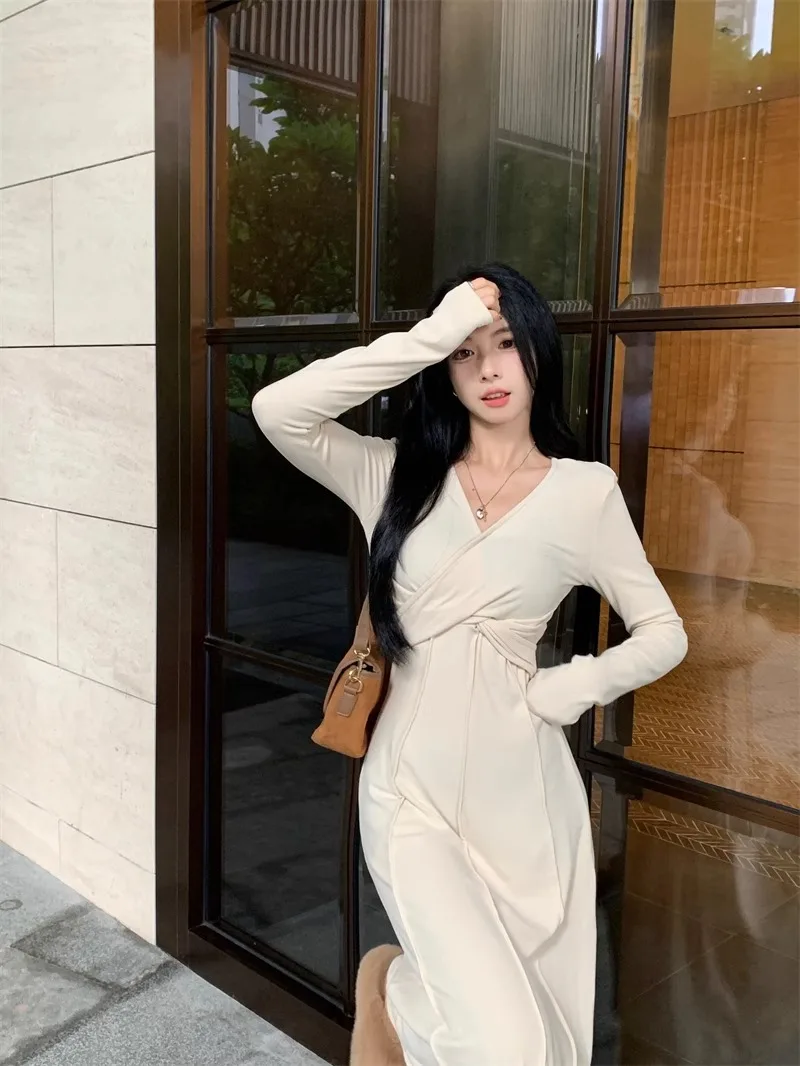 Dresses Long Sleeved Womens Dress Autumn Modal Grayish Blue Half-turtleneck Smocking Pleated Waistband Preppy College Spicy