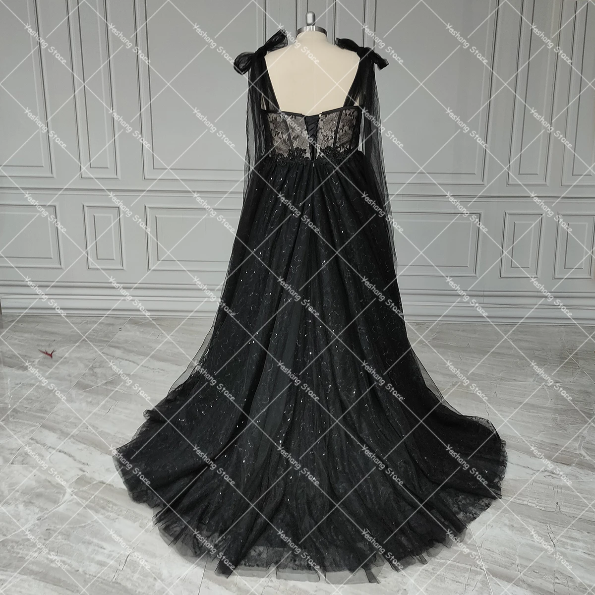 Customized Sequined Tulle Sweetheart Sheer Lace Bodice Wedding Gowns Bling Beading Self Tie Shoulder Gothic Black Bridal Gowns