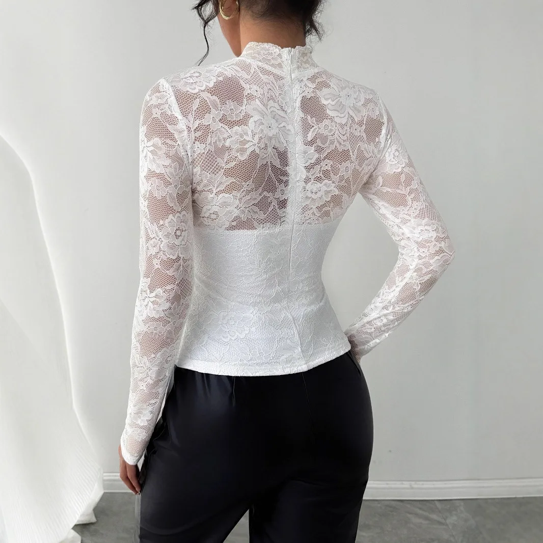 Women High Neck Sheer Floral Lace Long Sleeve Top Elegant Slim Fit See Through Lace Blouse Casual Party Shirt