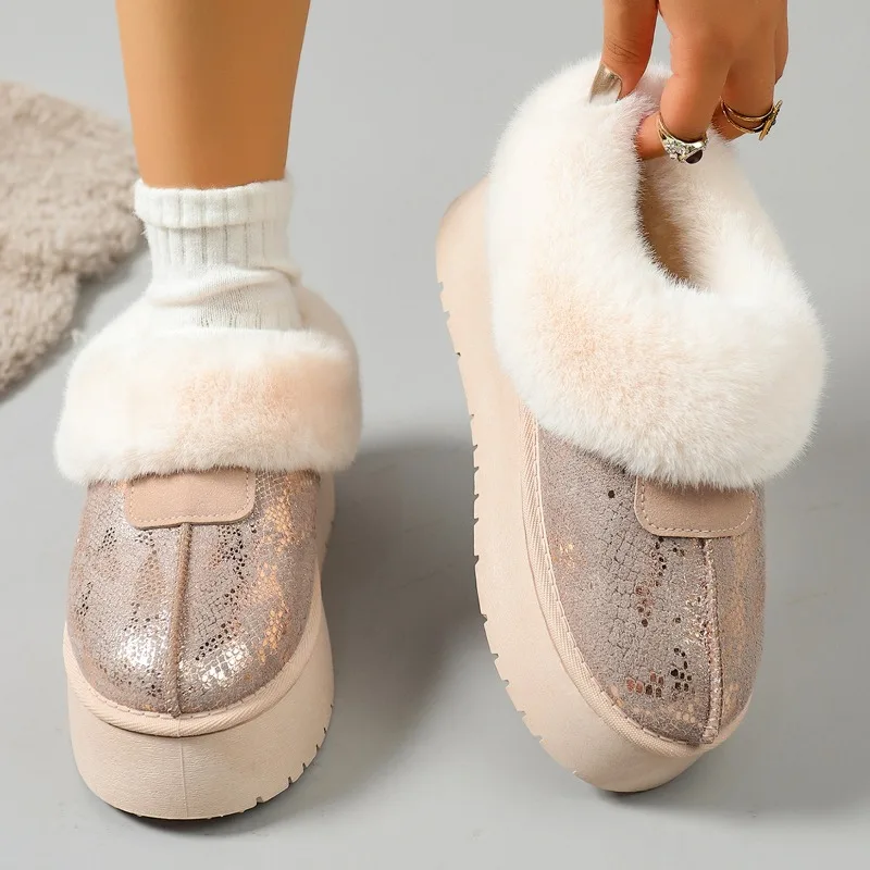 Women Winter Platform Snow Shoes Snake Print Upper Fuzzy Trim Warm Fleece Lined Slip on Thick Sole Outdoor Winter Footwear