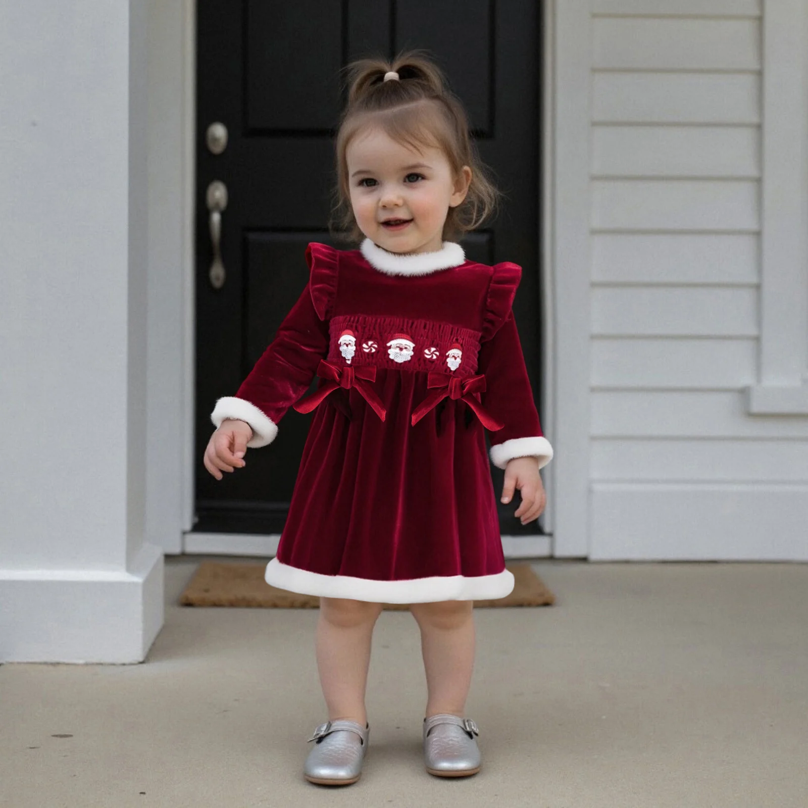 فستان Blotona للفتيات الصغيرات لعيد الميلاد مزين بالفرو سانتا كلوز مطرز برقبة دائرية وأكمام طويلة على شكل حرف A فستان مخملي