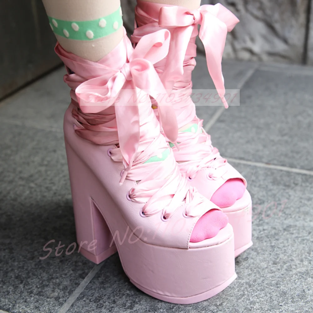 حذاء بوت نسائي وردي بكعب سميك - مراجعة Ribbon Tie Heel وسعره