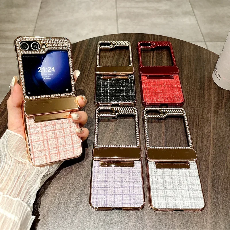 

Luxury Flash Electroplated Grid Pattern Case for Samsung Galaxy Z Flip 6 5 4 3 Folding Hinge Shockproof Protection Hard Cover