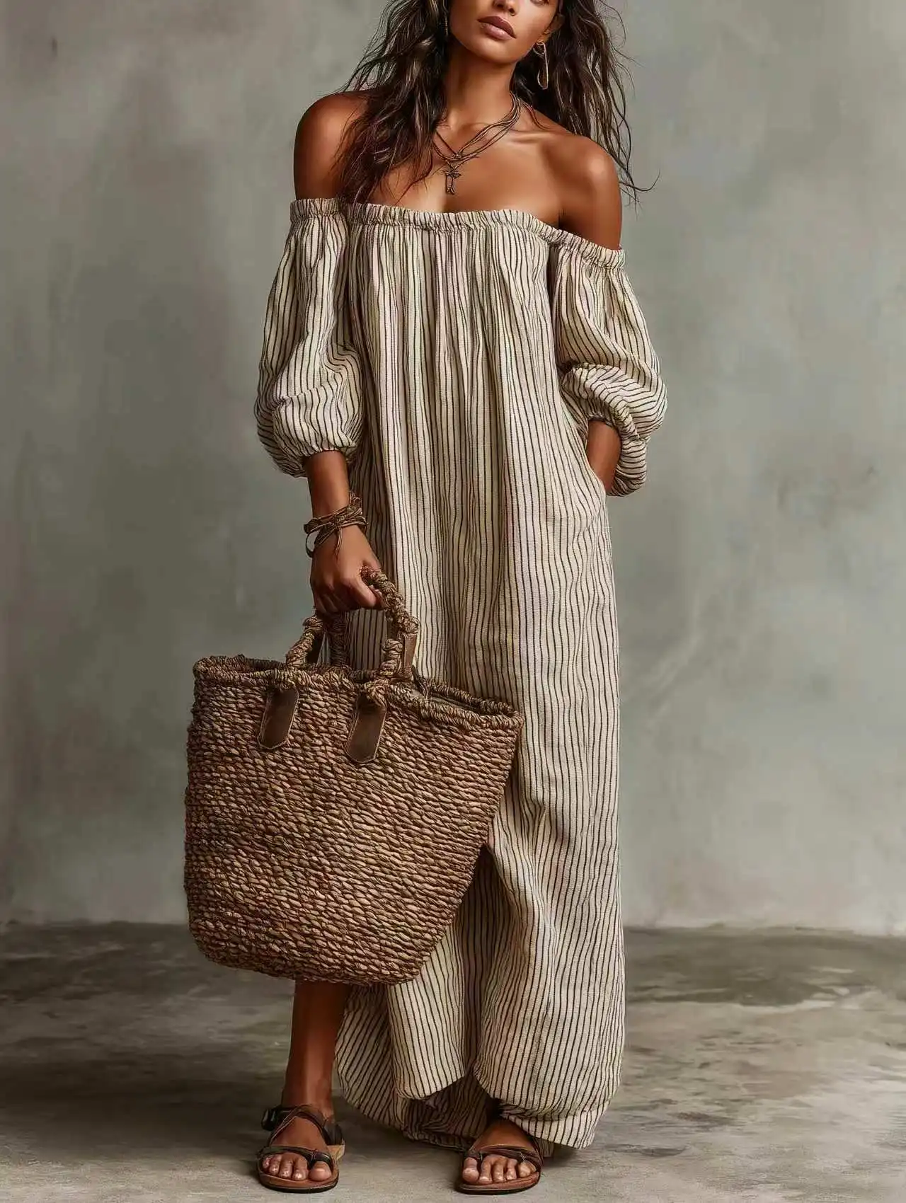 Böhmisches Vintage Lockeres Gestreiftes Off-Shoulder Strandkleid Damen Lässiges Schulterfrei-Maxikleid Weibliches Urlaubs-Sommerkleid 2026 Neu