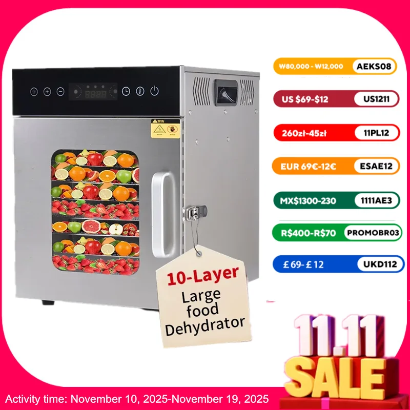 

10-Tray Industrial Food Dehydrator Stainless Steel Quiet Visible Drying Process Energy Saving Dehydrator Commercial And Househol