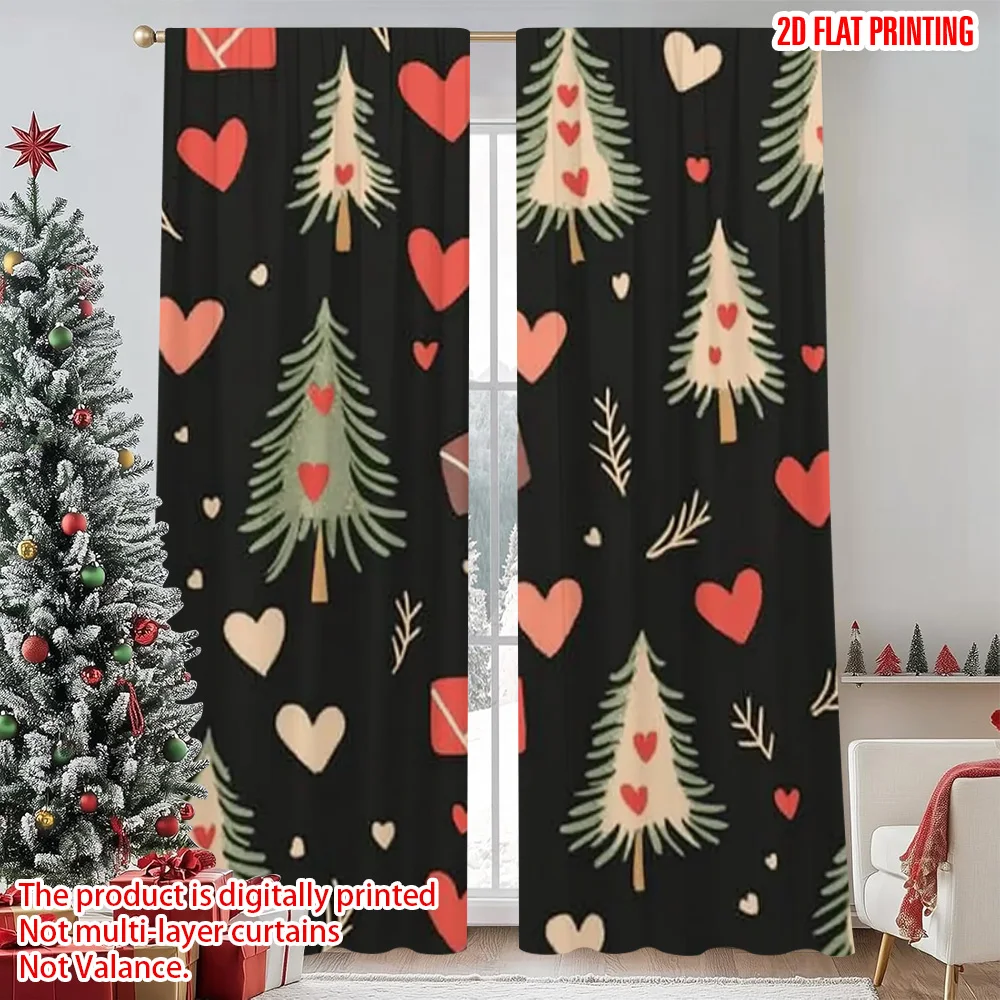 

2pcs 2D flat printing Merry Christmas Popular Window Curtains Red Hearts Pine Trees Durable 100% Polyester Fabric Without