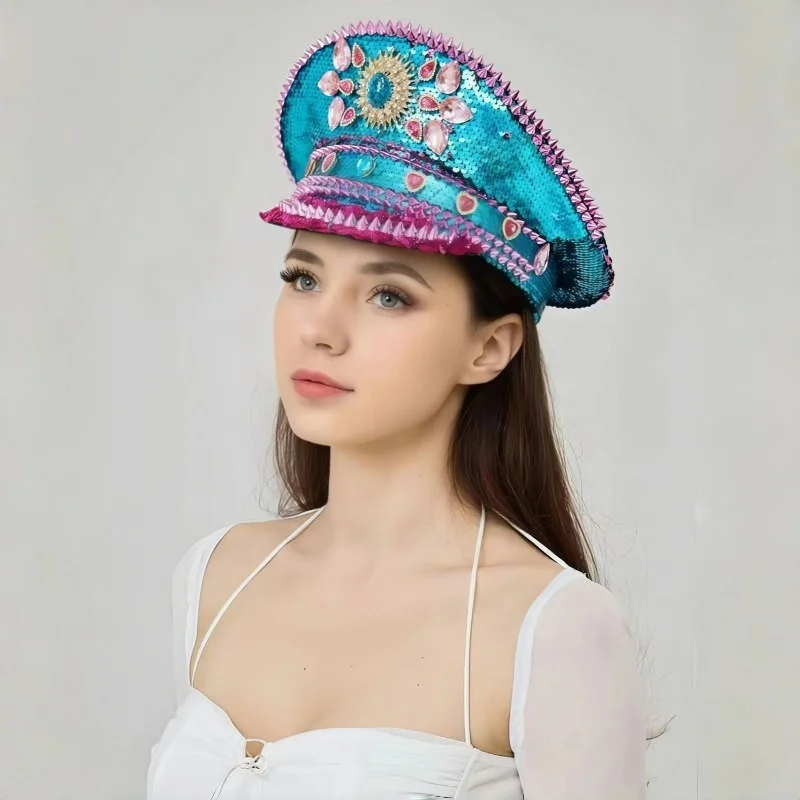 Czapki Kapitańskie HongLuan Blue z Cyrkoniami na Festiwal Burning Man, Kapelusz Kostiumowy dla Kobiet na Halloween, Akcesoria Cosplay dla Dorosłych Kobiet