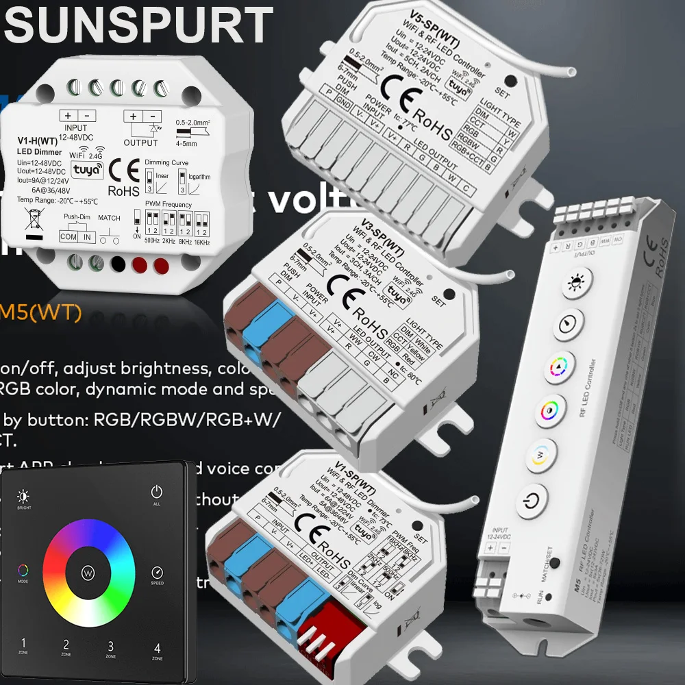 

5TUYA WifI WT1 LED Smart Dimmer 2 CH 12V 24V 36V CCT LED Strip Dimming Controller Kit 2.4G RF Remote Control 4 Zone Touch Switch