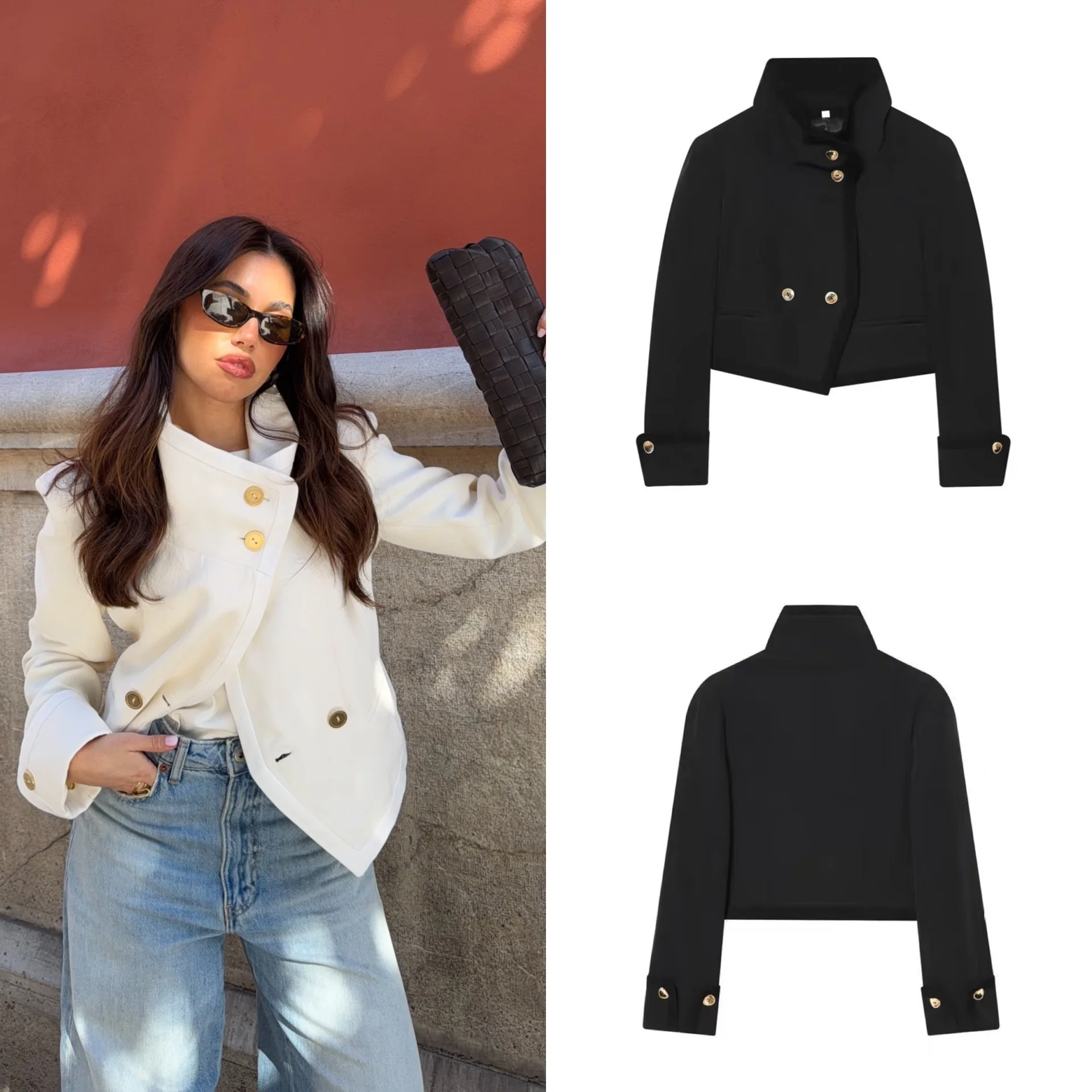 

Women's Fashionable Versatile High Collar Long Sleeve Buttoned Short Jacket Coat WJ79