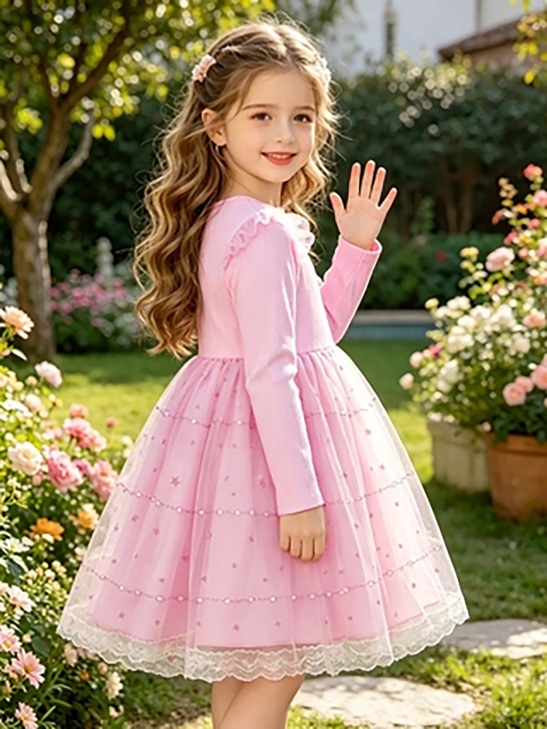Girls' Pink Star Lace Princess Dress, Long Sleeve Tulle Skirt for Autumn