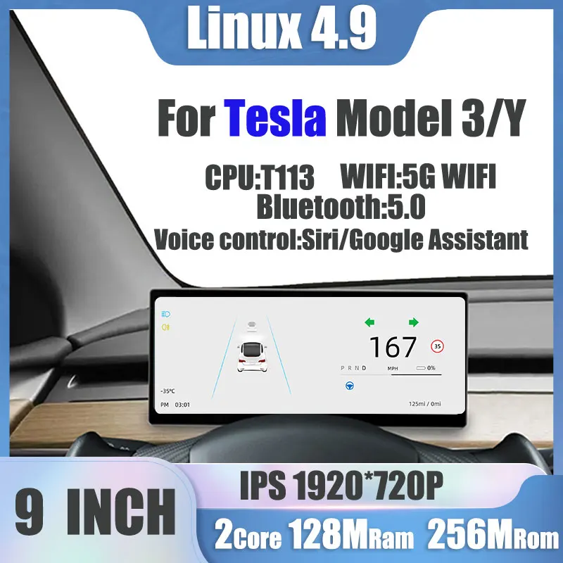 For Tesla Model 3/Y IPS 1920*720P Digital Center Console Dashboard Touch Screen Carplay Android Auto Siri/Google Assistant