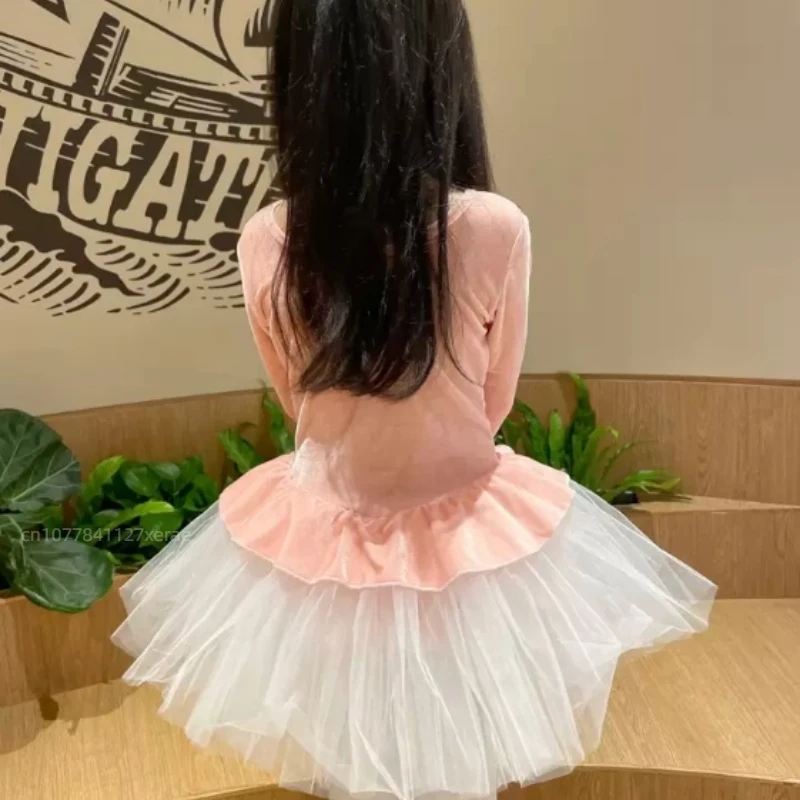 Children's Ballet Dance Costume, Girls' Gold Velvet One-piece Fluffy Skirt, Long Sleeved Ballet Dance Practice Costume