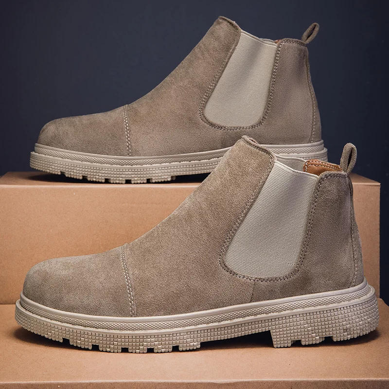 British Style Suede Leather Boots Man High Top Slip-on Shoes Men's Tooling Boots Autumn Winter Comfy Chelsea Boots botas chelsea