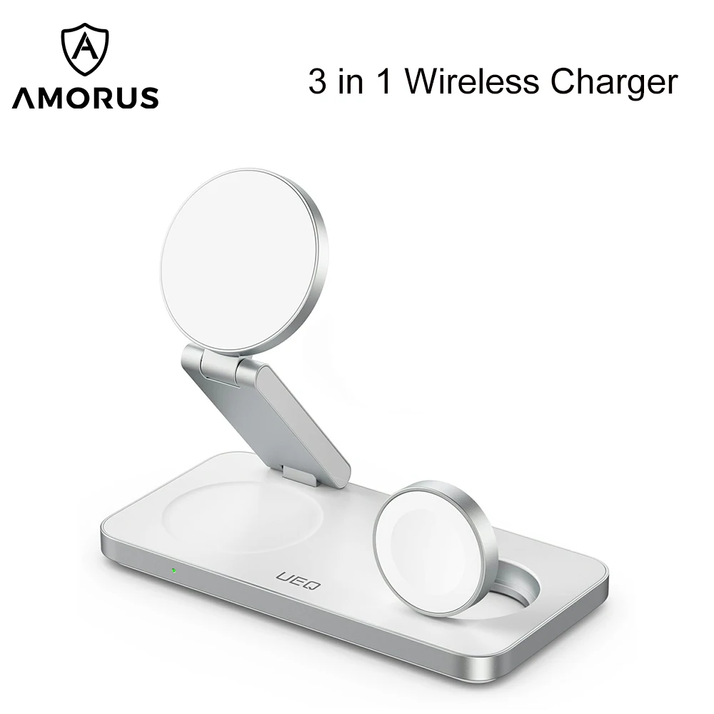 

AMORUS Desk Wireless Charging Station 3 in 1 MagSafe Foldable Charger Stand for Iphone 15 14 13 Apple Watch Airpods Qi Standard