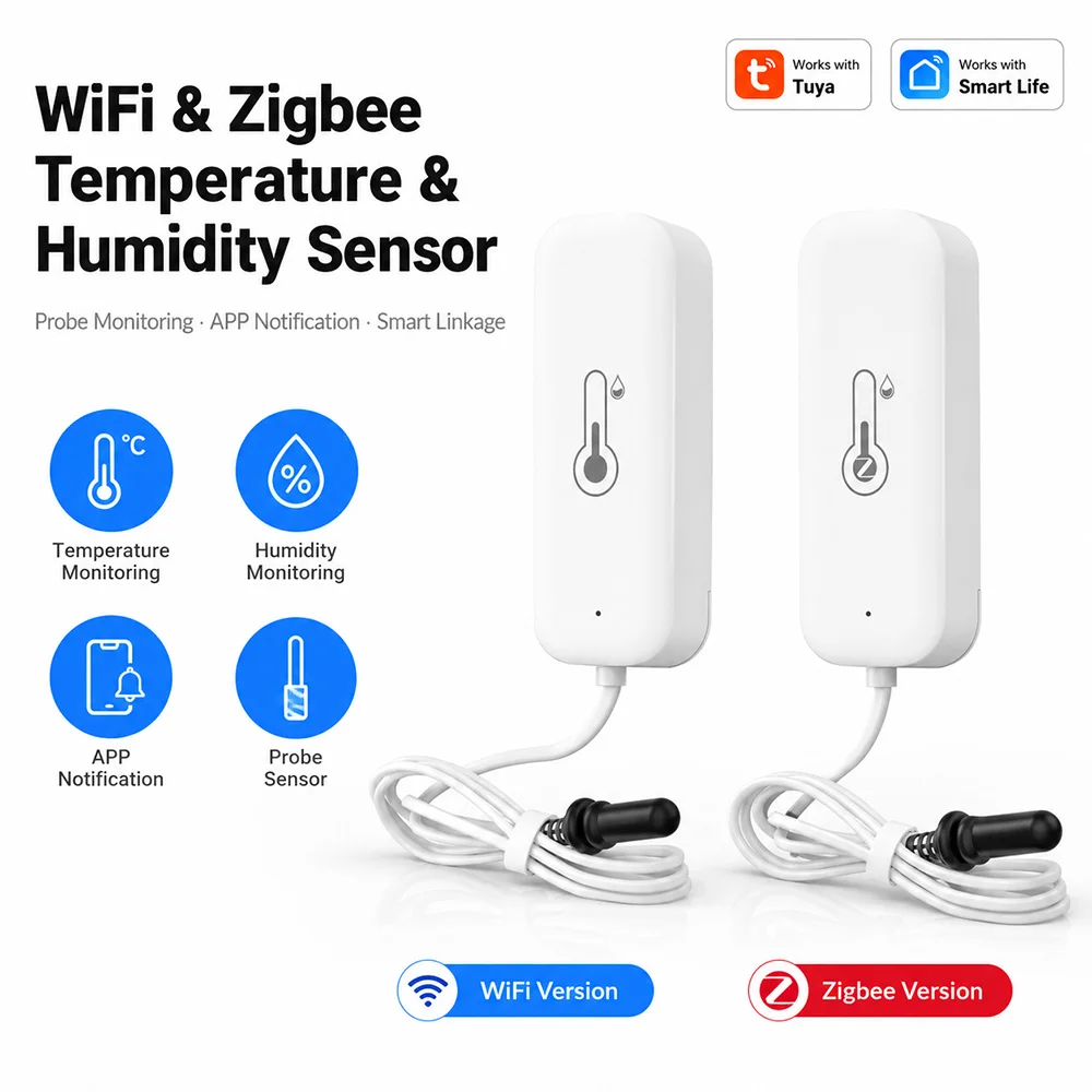 Tuya Zigbee WiFi Temperature Humidity Sensor with External Probe, Smart Home Compatible with Alexa Google Home Smart Life
