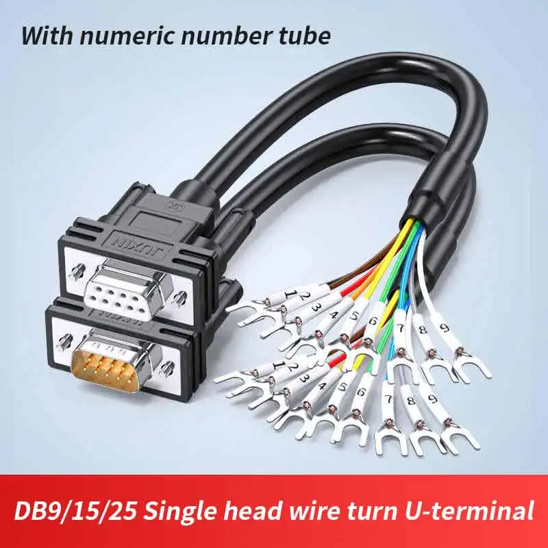 Pure Copper DB9 DB15 DB25 Male Female Serial Line With Numbered Tube 24AWG Double Shielded Wire to U-shaped terminal Cord PLC