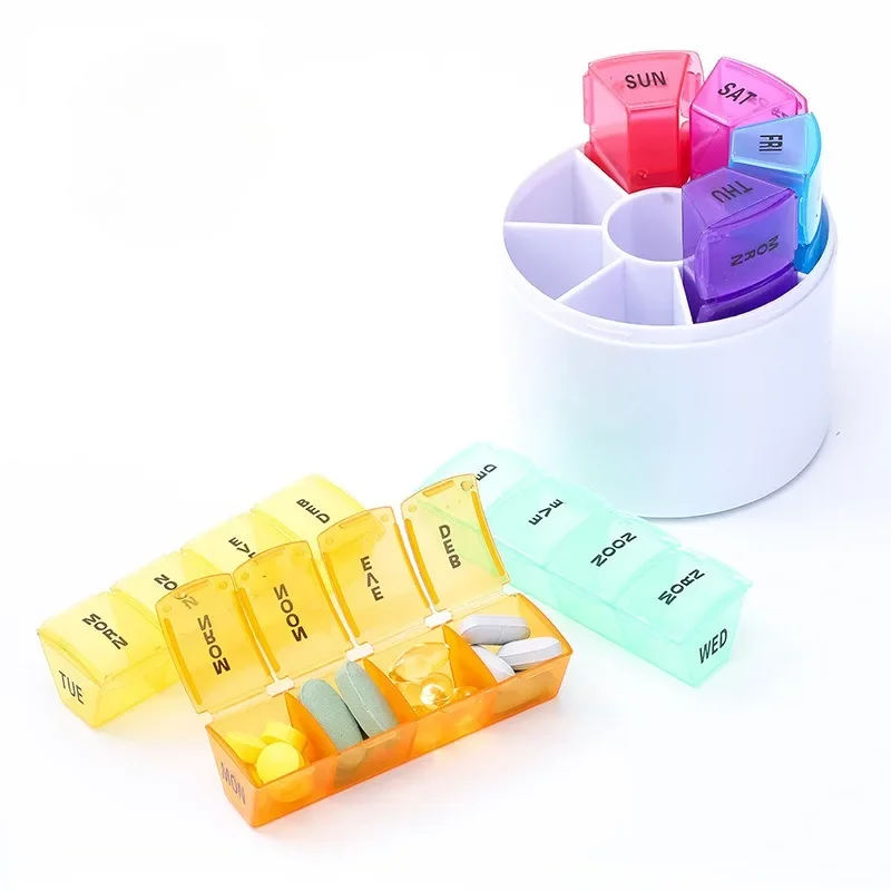 28Grids Pill Box Weekly Medicine Box Organiser Portable Colorful Round Dispensing Pill Case Set for Home Outdoor Travel